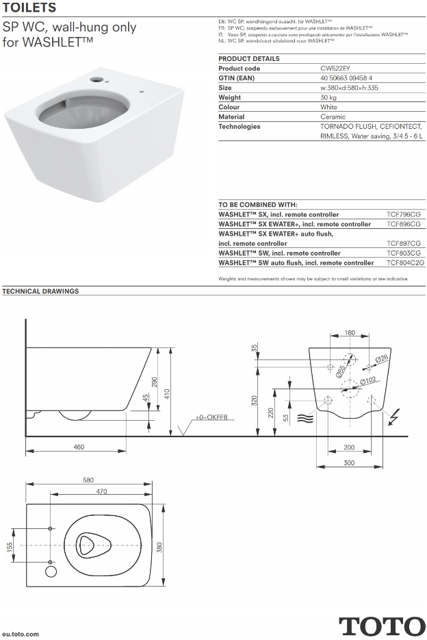 TOTO TOILET WC SP WALL HUNG RIMLESS