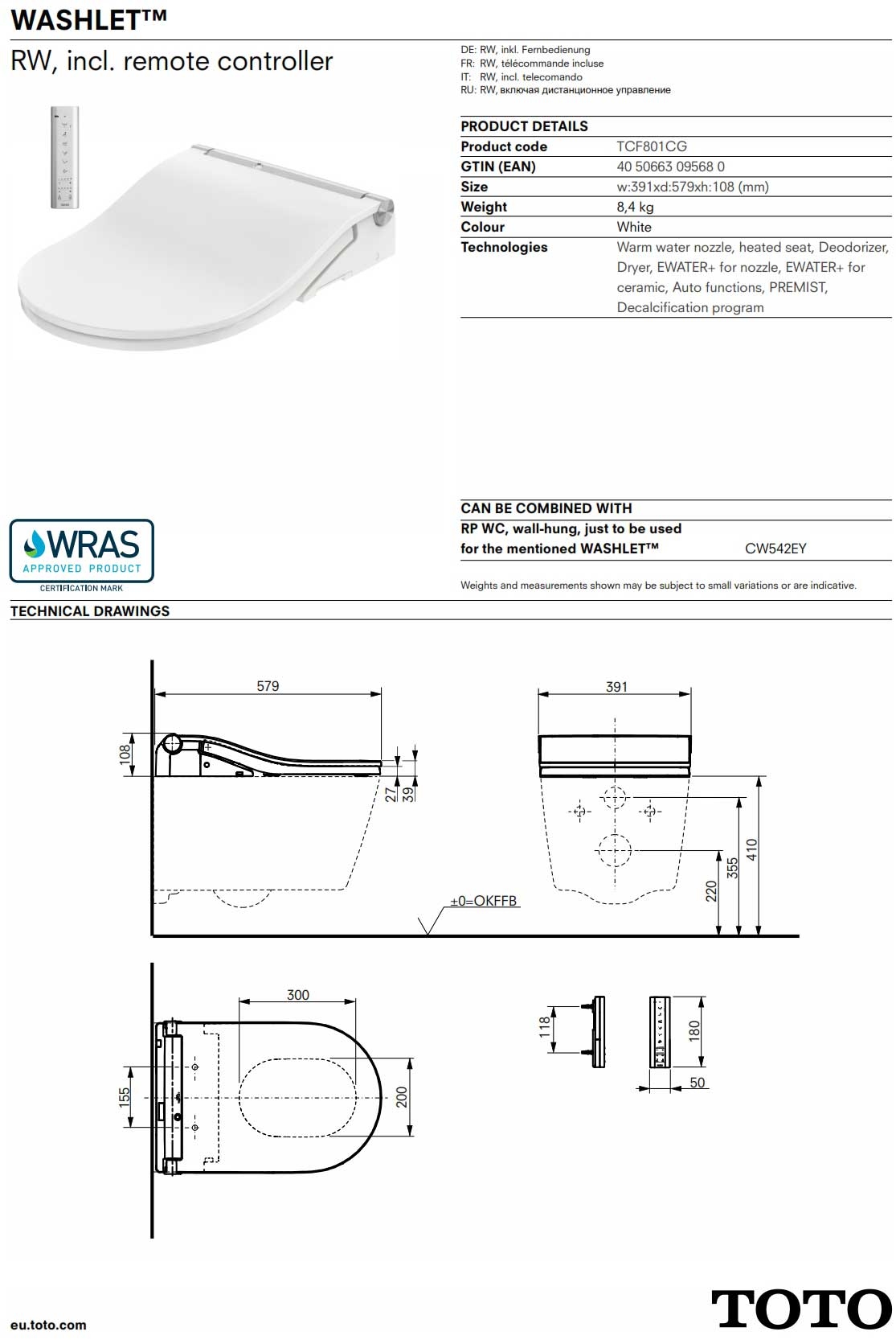 TOTO WASHLET RW TECHNICAL INFORMATION 