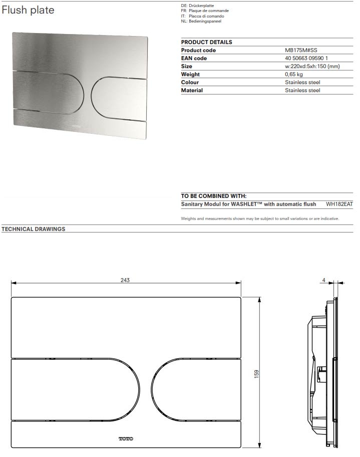 toto push flush plate technical specifications 